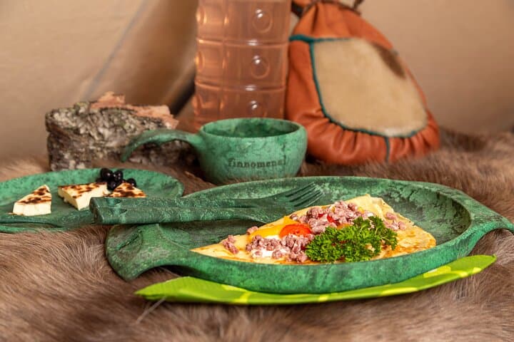 enjoy pancakes with smoked reindeer meat and Lappish cheese