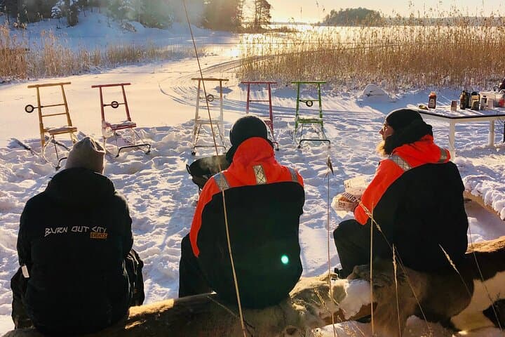 Lunch break at an island during the snowmobile tour